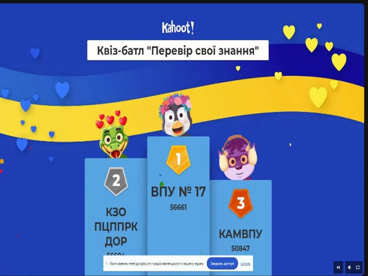 Возможно, это зарисовка (текст "Kahoot! Кв.з- Квίз-батл "Перевр CBOï знання" 1 1 2 ВПу № ВУ№17 17 56661 3 кЗо ПЦППрК ДОР reenl Пригсжеилн goegle.com КАМВПУ 50847 Закрыть достут")