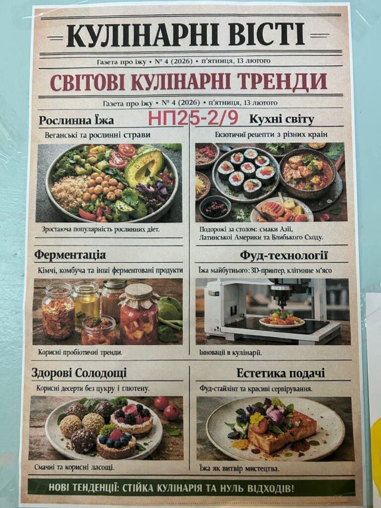 Возможно, это изображение ‎текст "‎ΚΥЛΙΑΡΗΙ BICTI Газета про ижу N" (2026) п'яниця, 13 ЛюТОго ΣВИТОВΙ КУЛИНАРНИ ТРЕНДИ Газета про жу יא (2026)• П'ятниця, 13 лютого Рослинна Тжа П25-2/9 Кужни .т Вегансъки Ta рослинни страви Екзотичий рецепти ризних кран Зростаюча популярнисть рослинних дйет. Подорожі a столом: смаки Asii, Латинськой Америки ra Блибъкого Сходу. Ферментациа Кч, комбуча Ta İHIHİ ферментован. продукти Фуд-технологй жа майбутньт:30-принтер, Д-принтер, клитинне м'ясо BOL Корисни пробίотичиί тренди. нноваЦий кул.нар. Здорови Солодощй Корисй десерти без цукру глютену. Естетика подачί Фуд-стайл.нт та красив. серварування. Смачий Ta корисни ласощί. Южа НОВ ТЕНДЕНЦИЙ: СТИЙКА КУЛИНАРЯ TA витв.р мистецтва. ХОД ДИВ!‎"‎